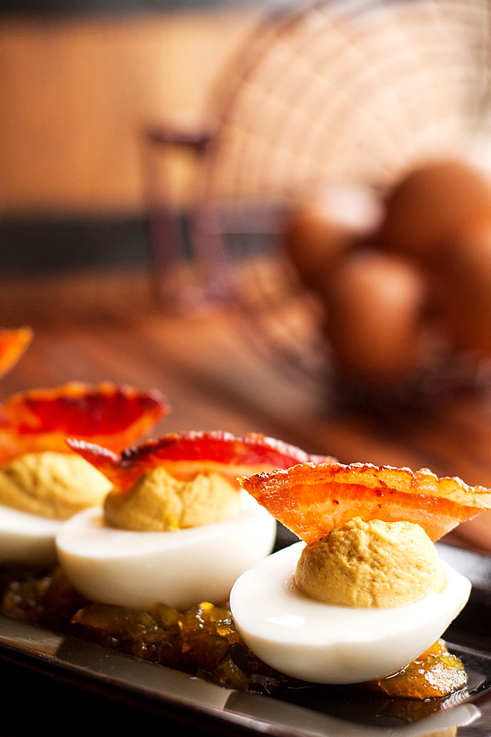 Farm Fresh Deviled Eggs w/ Candied Bacon & Sweet Onion Marmalade - Fresh On The Menu Recipe