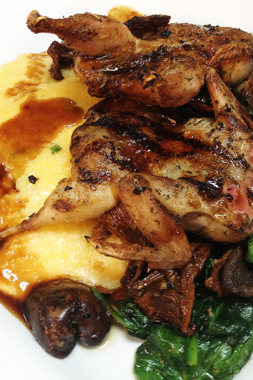 Manchester Farms Grilled Quail with Yellow Adluh Grits - Fresh On The Menu Recipe